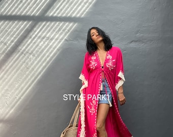 TTLE19/Kimono largo con borlas bordadas, bata, playa, pareo de bikini, kimono bohemio