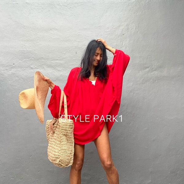 BD59/Red,Very Oversized,Loose  fitting ,tunic dress, shirring,resort wear,Boho Short dress/Beach cover up/Summer ,Holiday,vacation