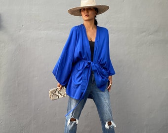 LKP41/Blue Short Kimono, Robe, Summer,Unisex Kimono,Beach cover up