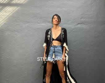 TTLE16/Kimono largo bordado con borlas, bata, playa, pareo de bikini, kimono bohemio