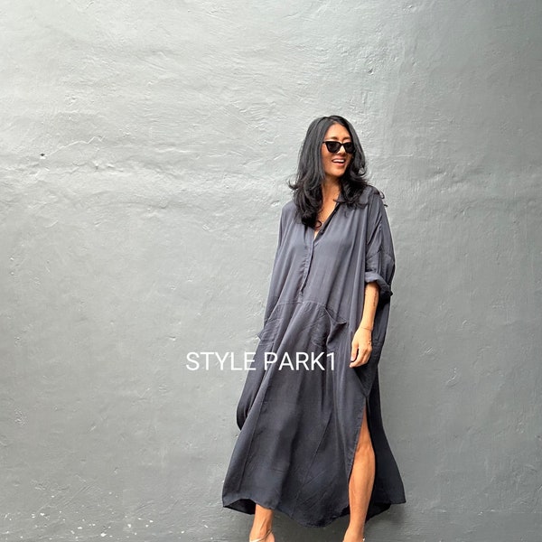 JIML10/New ,Charcoal , Long Shirt dress,Maxi dress,,Loose top, Summer women dress,Stylish