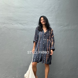 KU07/Tie Dyed Oversized shirts ,boho chic, Shirt Dress,Casual Shirt Dress,Mini shirt Dress,Loose Fit image 6