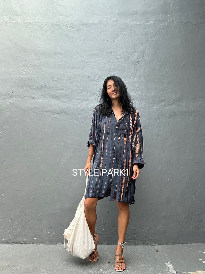 KU07/Tie Dyed Oversized shirts ,boho chic, Shirt Dress,Casual Shirt Dress,Mini shirt Dress,Loose Fit image 6