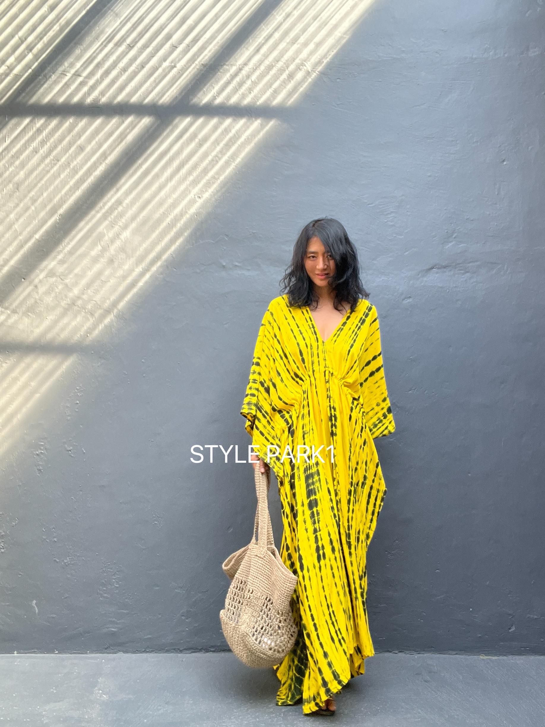 イエロータイダイレーヨンカフタンドレス：ボヘミアンラウンジウェア