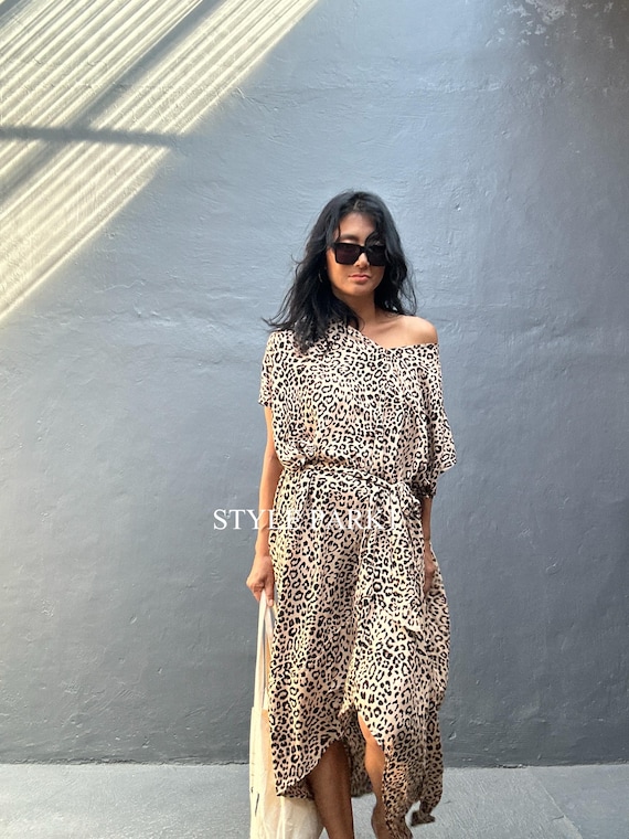 leopard boho dresses Leopard Boho Satin Open Back Maxi L