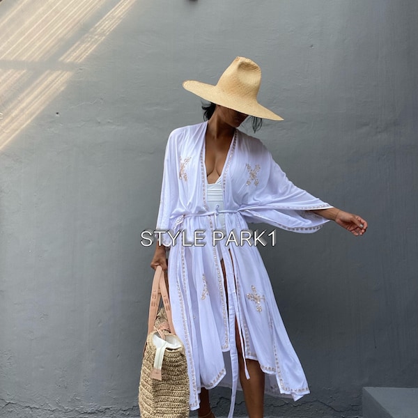 QKS04/White Summer Kimono,Vacation Look, Loose fit Robe,Beach Cover up,Swim Cover up,Beach party