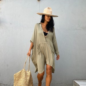 Jim01/Shirt dress,Tunic dress,knee length dress,Loose top, Summer women dress,Stylish,Tunic top,light kaki color