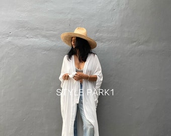 VOKN03/Vanilla white, dyed kimono jacket , holiday,Boho, loose fit jacket, beach cover-up, Summer cardigan
