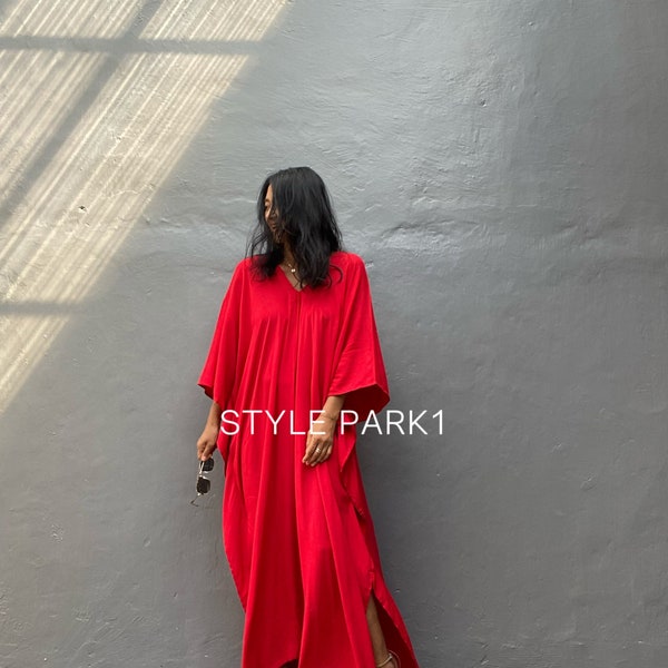 KT52/Red dyed ,Long Kaftan simple Dress, stylish, Elegant, Miami,lbiza,Holiday Dress,Evening dress,loose fit,Christmas