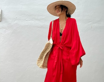 LK38/Red Long Kimono, Robe, Summer,Unisex Kimono,Tall Women’s,Vacations, Holiday Look