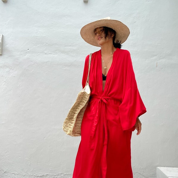 LK38/Red Long Kimono, Robe, Summer,Unisex Kimono,Tall Women’s,Vacations, Holiday Look