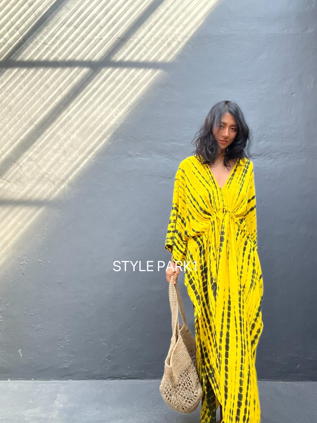 イエロータイダイレーヨンカフタンドレス：ボヘミアンラウンジウェア