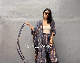 VLUM02/long kimono Two piece  set,Resort wear,Loose Fitting,Summer Outfits ,Unisex,Loungewear sets,life style