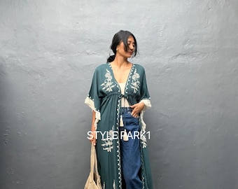 TTLE15/Kimono largo bordado con borlas, bata, playa, pareo de bikini, kimono bohemio