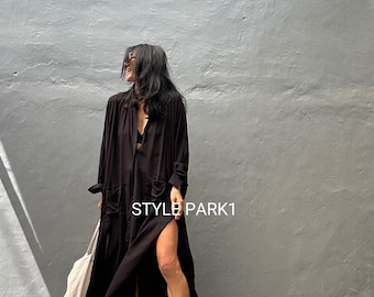 PCT11/Black Long Shirt dress,Maxi dress,,Loose top, Summer women dress,Stylish,Pecatu dress