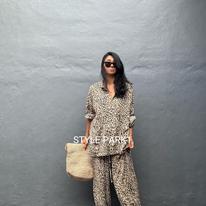 BSK43/Leopard Aladdin-byxor Tvådelat pyjamasset, Resortkläder, Löst sittande, Sommarkläder, Unisex, Loungewear-set