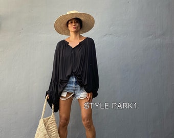 Bd10/Black Very Oversized,Loose  fitting ,tunic dress, shirring,resort wear,Boho Short dress/Beach cover up/Summer ,Holiday,vacation