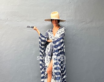 PT21/Navy Tassel Kimono,Vacation Look, Loose fit Robe,Beach Cover up,Swim Cover up,Home dress,Putu