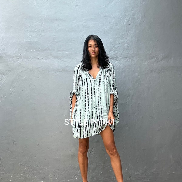 Bd79/ Oversized,Loose  fitting ,tunic dress, shirring,resort wear,Boho Short dress/Beach cover up/Summer ,Holiday,vacation