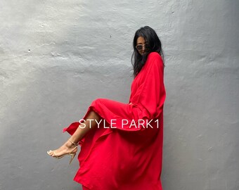 KT52/Red dyed ,Long Kaftan simple Dress, stylish, Elegant, Miami,lbiza,Holiday Dress,Evening dress,loose fit,Christmas