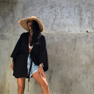 LKP15/Black Short Kimono, Robe,Summer,Unisex Kimono,Beach cover up