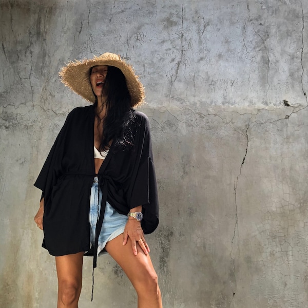 LKP15/Black Short Kimono, Robe,Summer,Unisex Kimono,Beach cover up