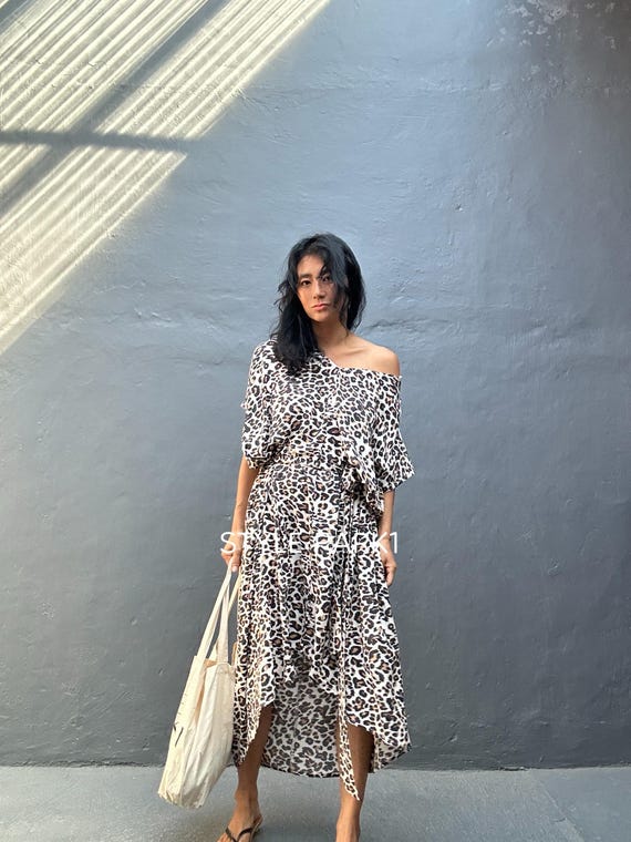 blue dress for baby girl AiiRZ AiiRZ Leopard Print Maxi Dress Spaghetti Strap Loose Fit Trapeze Summer Holiday Beach Resort Wear Flowy Long Dress with Animal Design Pattern