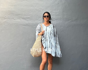 Bd79/ Oversized,Loose  fitting ,tunic dress, shirring,resort wear,Boho Short dress/Beach cover up/Summer ,Holiday,vacation
