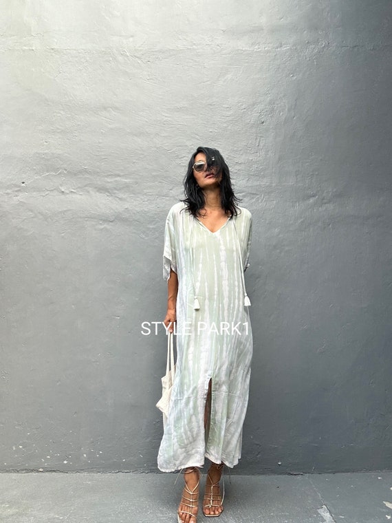 Rayon Kaftan Dress: Slate Green Tie-Dye Resort Wear