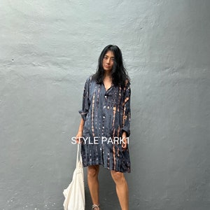 KU07/Tie Dyed Oversized shirts ,boho chic, Shirt Dress,Casual Shirt Dress,Mini shirt Dress,Loose Fit image 4