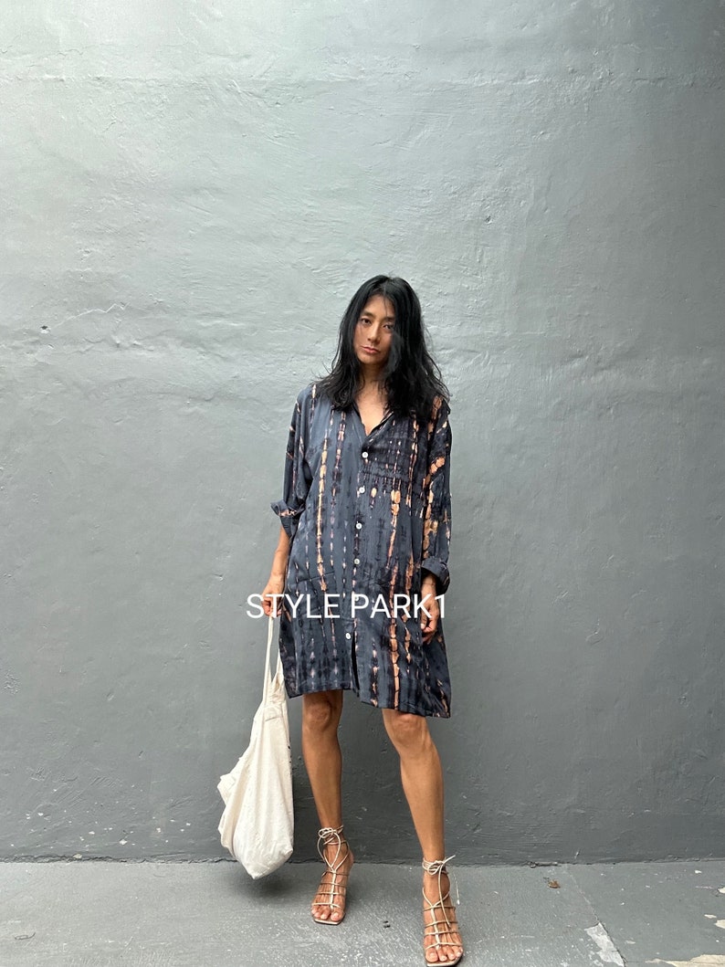 KU07/Tie Dyed Oversized shirts ,boho chic, Shirt Dress,Casual Shirt Dress,Mini shirt Dress,Loose Fit image 4