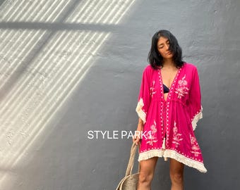 TTSE19/Embroidery Tassel  kimono,Robe,Beach ,Bikini Cover Up,Bohemian Kimono