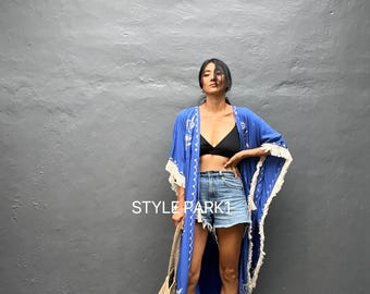 TTLE17/Kimono largo bordado con borlas, bata, playa, pareo de bikini, kimono bohemio