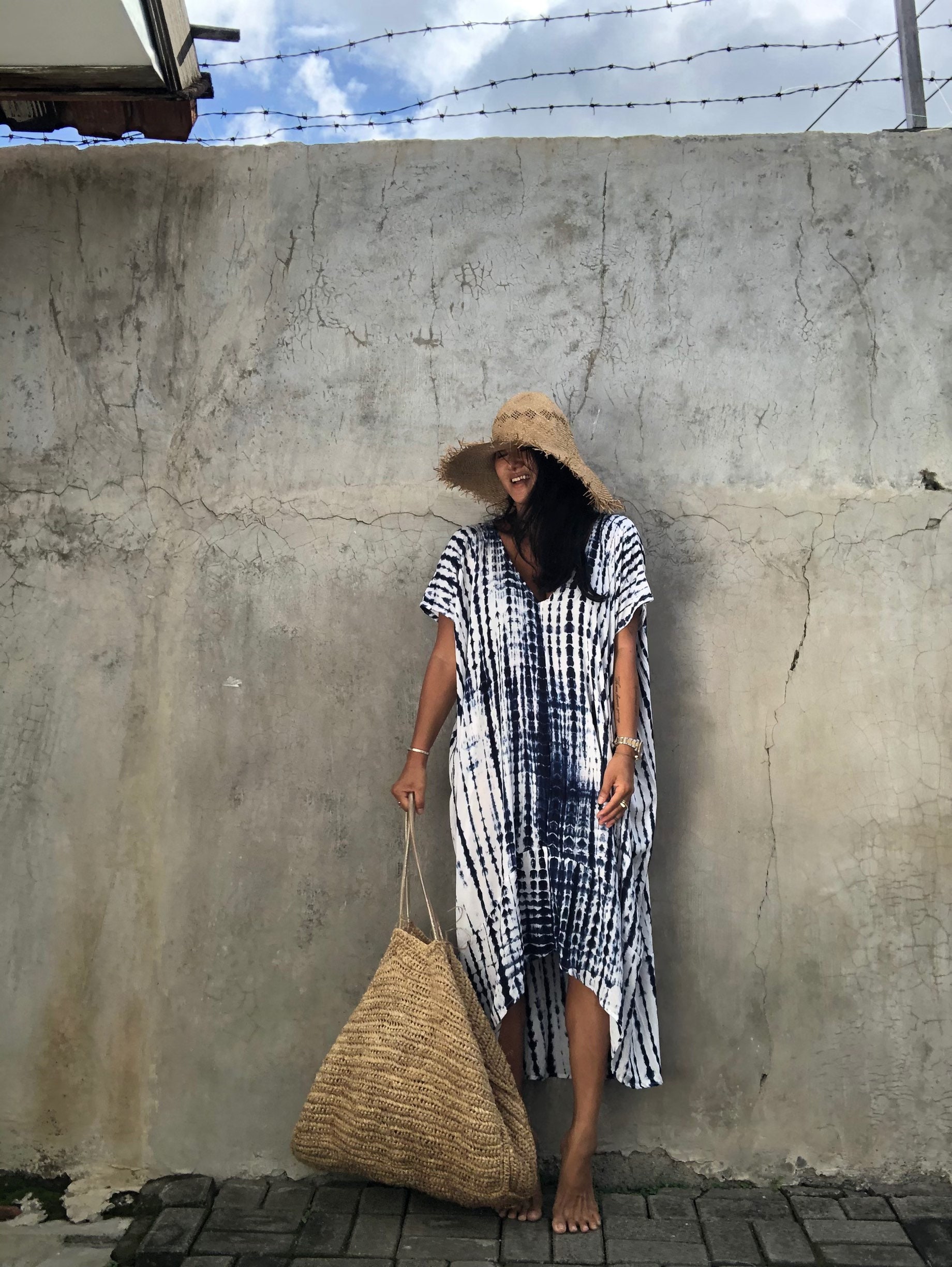 MXP3/azul índigo, vestido largo bohemio, para playa, para cubrirse, para vacaciones, corte holgado, vestido de verano, para uso diario, para uso en resort, talla única, corte holgado