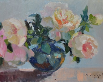 Peonies, 34x59 cm, Cardboard, Painting by Shandor Alexander