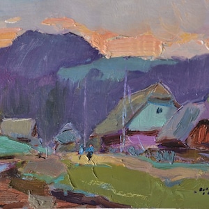 Barrios pueblo de montaña, 19x37 cm, Cartón, Pintura de Shandor Alexander