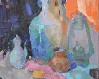 Bottle and lamp, 70x60 cm, Canvas, Painting by Shandor Alexander