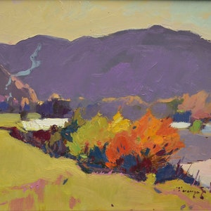 Montanhas em contraluz, 42x65 cm, papelão, pintura de Shandor Alexander