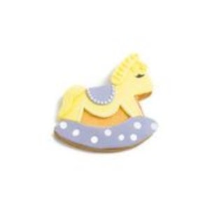 May include: A yellow rocking horse cookie decorated with white polka dots on a purple base.