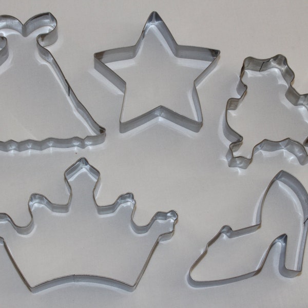 Fairytale Princess COOKIE CUTTER SET 5 pc stainless steel crown slipper frog dress gown star shoe tiara