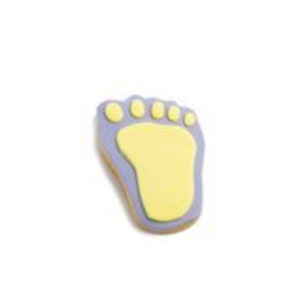 May include: A purple and yellow sugar cookie shaped like a footprint.