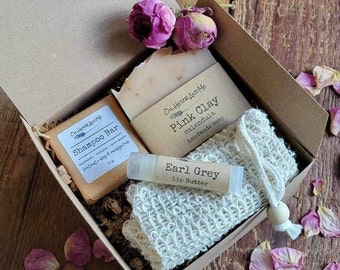 Self Care Body and Bath set, Natural soap bar, shampoo bar, lip balm and soap pouch, Valentine's gift