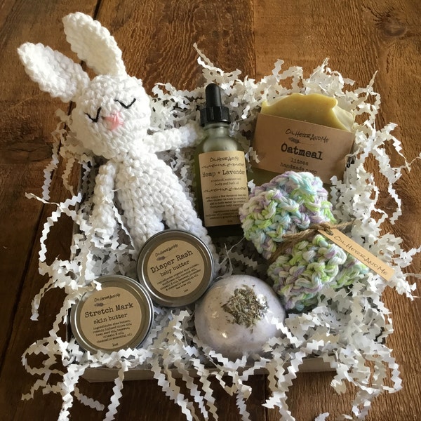 New Mom/Baby box, spa gift for mom, baby shower, baby gift set, crochet bunny, Mothers Day gift box, postpartum gift box, Christmas gift