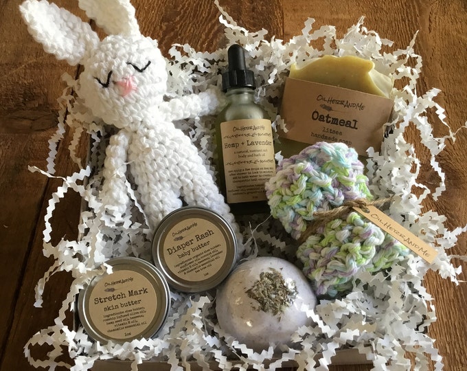 New Mom/Baby box, spa gift for mom, baby shower, baby gift set, crochet bunny, Mothers Day gift box, postpartum gift box, Christmas gift