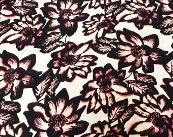 Black and White Floral Rayon Challis Fabric with Hints of Pink, Summer Dress Fabric, Lightweight, Retro, by the yard