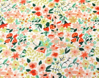 Woodland Forest Ivory Poplin, Tiny Flowers and Mushrooms Fabric, Coral, Lime, Monaluna Amour Vert, Organic Cotton, by the yard or half yd