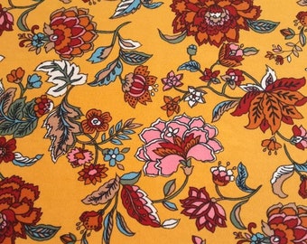 Deep Mustard Bohemian Floral Knit, Golden Double Brushed Poly Knit, Stretch Jersey Knit Fabric, 4 way stretch, by the yard