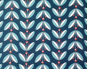 Lingonberries Organic Cotton Poplin Fabric, Stylized Lingon Berries on Indigo, Monaluna Modern Love, Organic Cotton, by the yard or half yd
