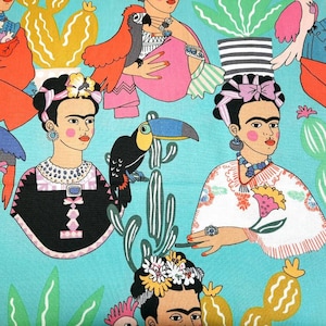 Frida con Las Plumas fabric, Alexander Henry, aqua green, birds and cacti, Folklorico, colorful, novelty print, 100% cotton, by the yard