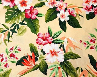 Yellow Hawaiian Fabric Print of Hibiscus, Bird of Paradise, and Plumeria with Leaves, Cotton poplin, by the yard